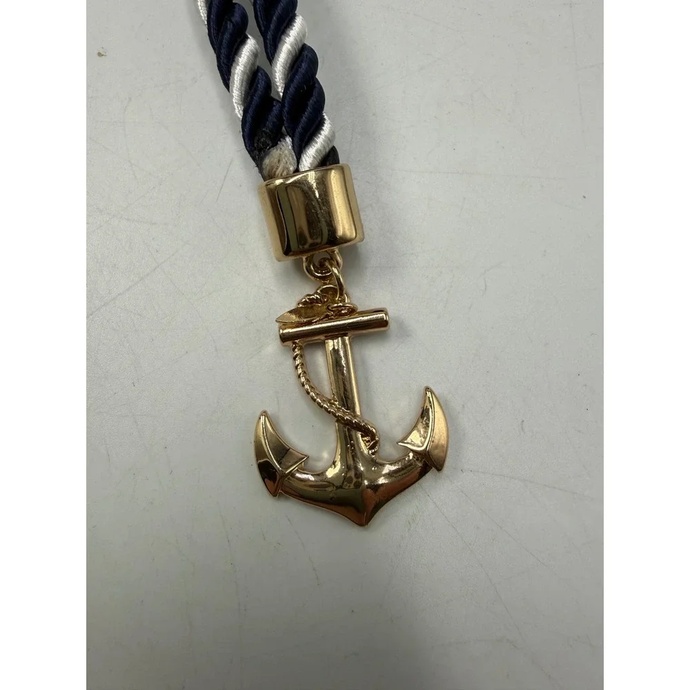 Nautical Anchor Keychain Gold Tone Navy White Twisted Rope Bag Charm 9 Inch